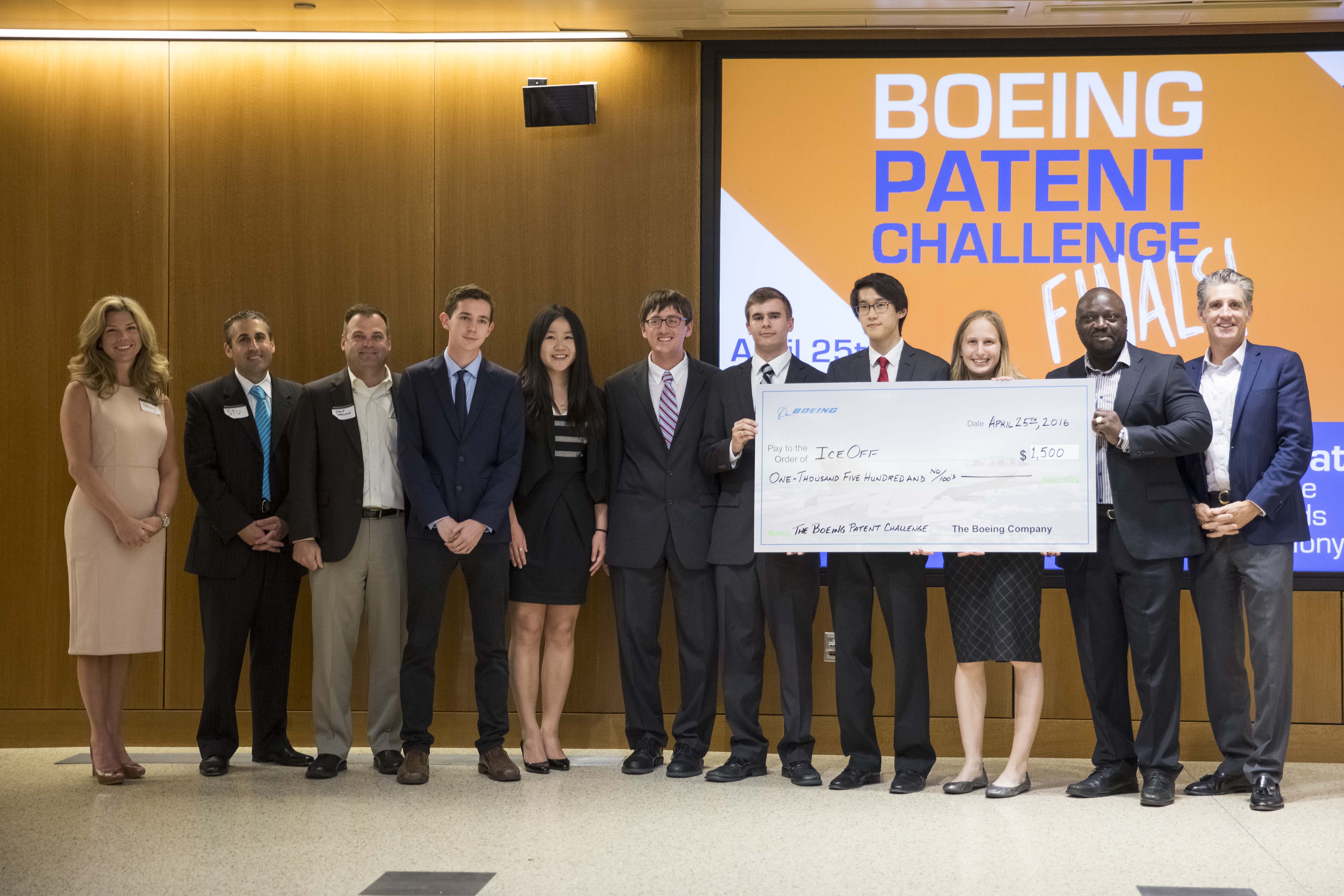 4.25.2016--Team IceOff takes 2nd Place at the Boeing Patent Challenge Finals at Knight/Bauer Hall. Photo by Whitney Curtis/WUSTL Photos