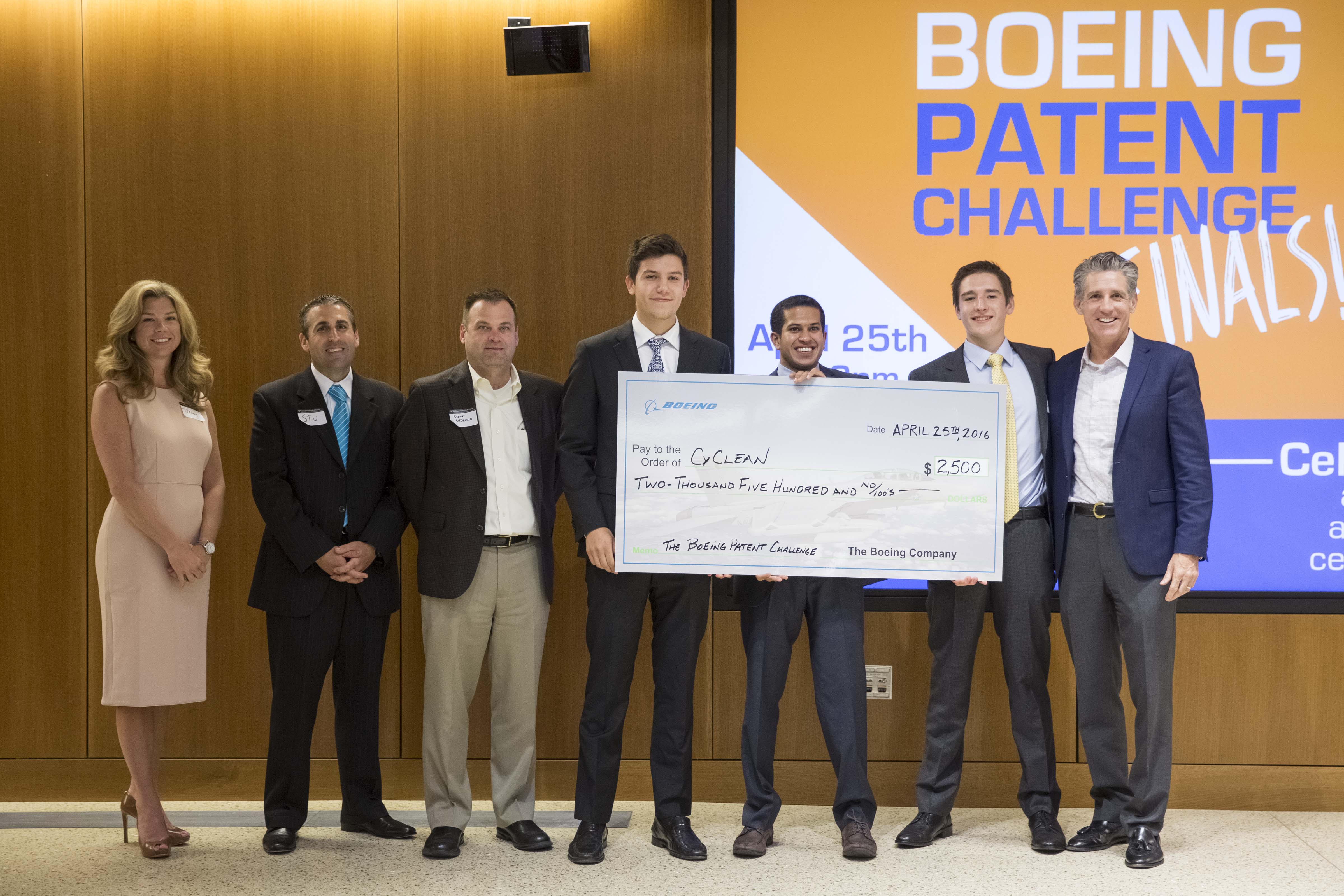 4.25.2016--Team CyClean takes 1st Place at the Boeing Patent Challenge Finals at Knight/Bauer Hall. Photo by Whitney Curtis/WUSTL Photos