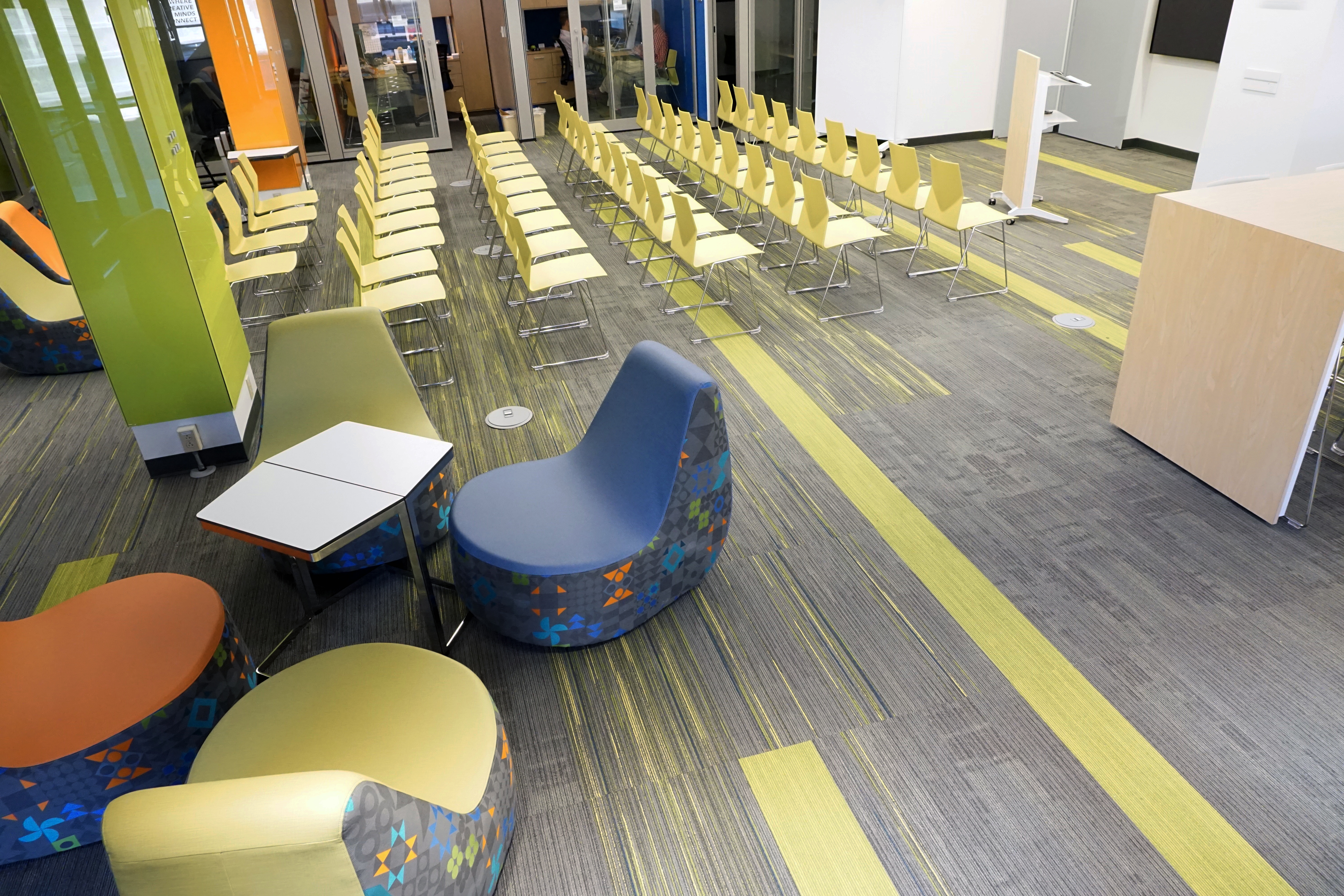 Skandalaris Center's new co-working space can be rearranged and/or reserved for any student's needs.